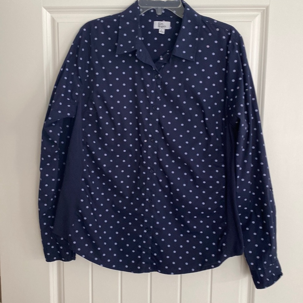 Kim Rogers Long Sleeve Button Down Navy with Periwinkle Polka Dots Size Large